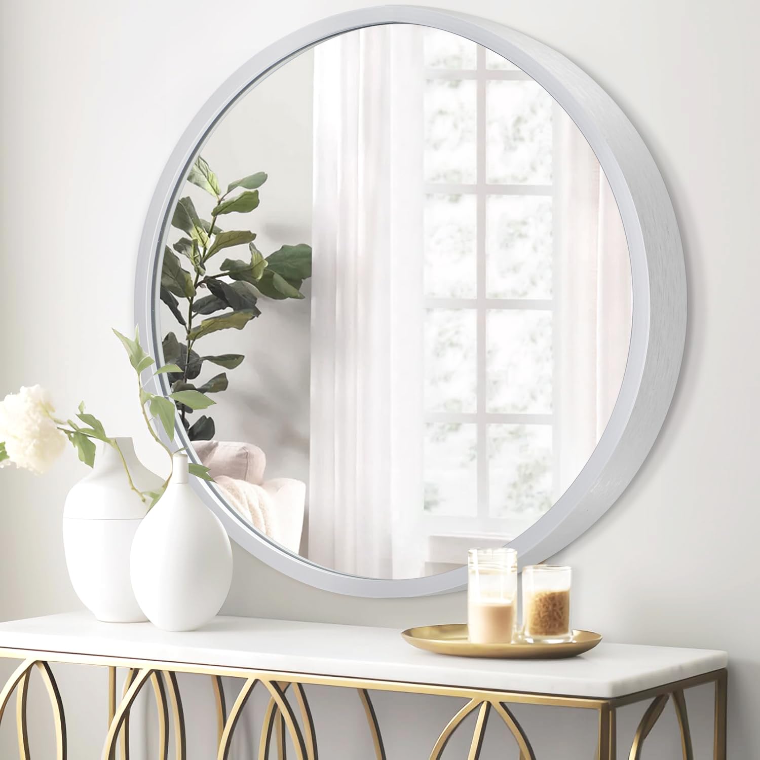 JJUUYOU Circle Wall Mirror 40CM Metal Round Mirror for Bathroom Silver Circular Mirrors Washroom Wall Mounted Metal Frame Make up Mirrors for Living Room Bedroom Dorm