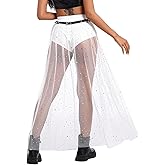 Mluiov Women's 2 in 1 Skirt with Shorts Tulle Sheer Mesh Glitter Sequin Flowy Rave Festival Sparkly Costume Long Maxi Skirts