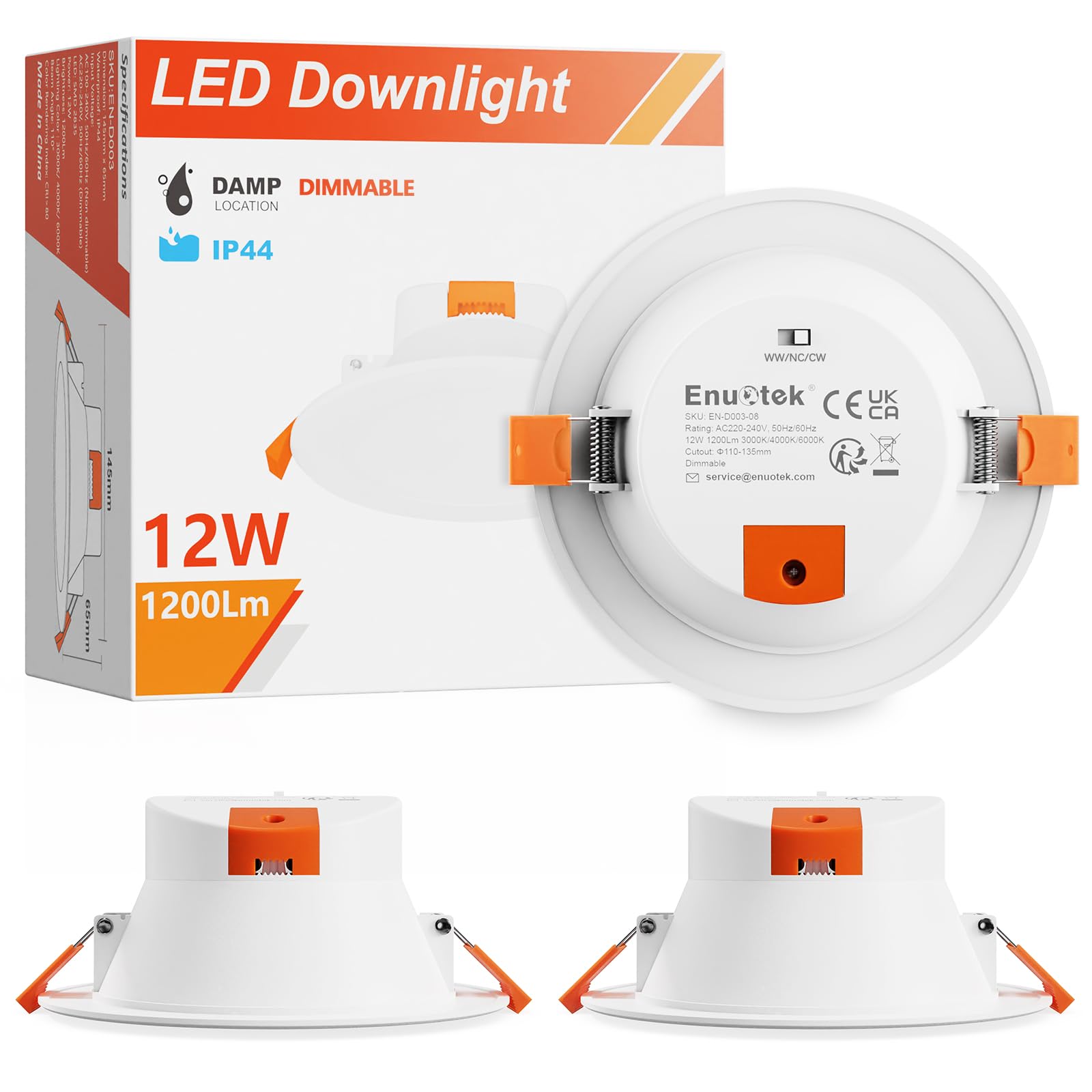 ENUOTEK Dimmable 12W LED Large Downlights Kitchen Bathroom Ceiling Recessed Lamps 1100Lm CCT Selectable 3000K 4000K 6000K 230V Cut Out Diameter 110-135MM IP44 Dampproof 3 Lamps
