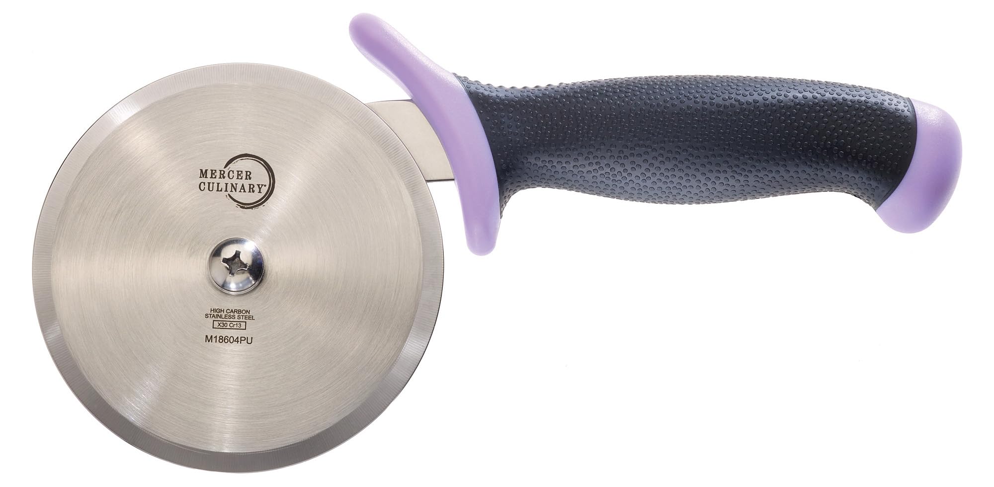 Mercer Culinary Millennia Stainless Steel Pizza Cutter with Purple Handle and 4-Inch Wheel