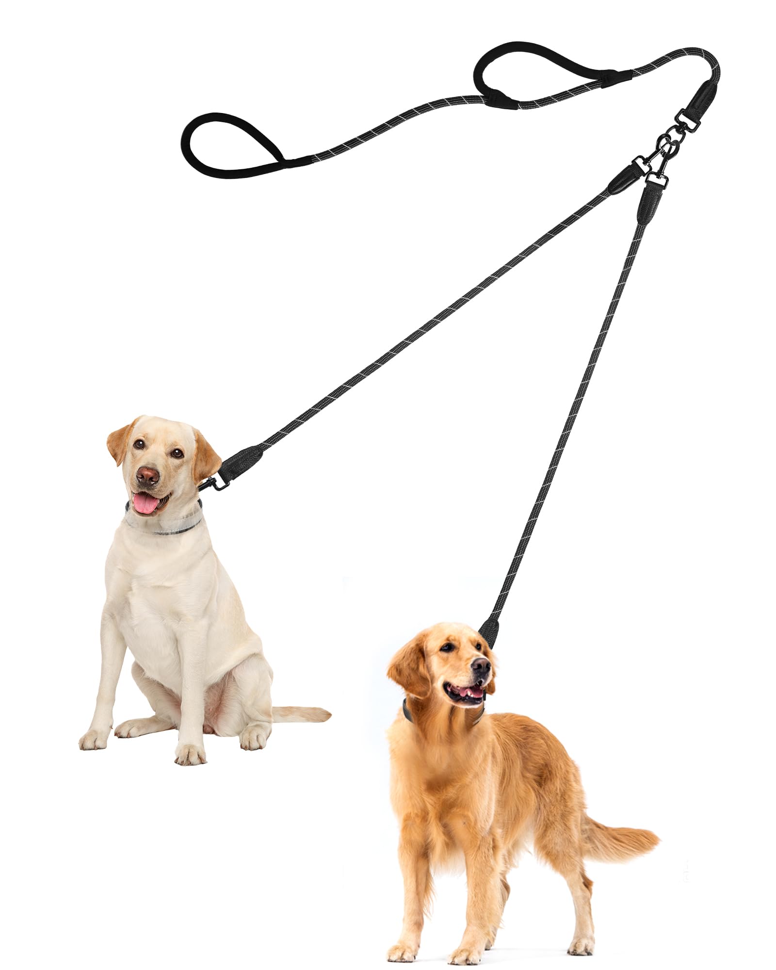 PetBonus Rope Double Dog Lead, No Tangle Dual Lead, Reflective Walking Training Leash with Two Comfortable Padded Handles, Lead Coupler for Medium Large Dogs (25-90 kg, Black Grey)