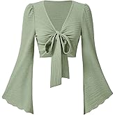 OYOANGLE Women's Tie Front Crop Top Textured Flared Long Sleeve Deep V Neck Ruched T Shirts