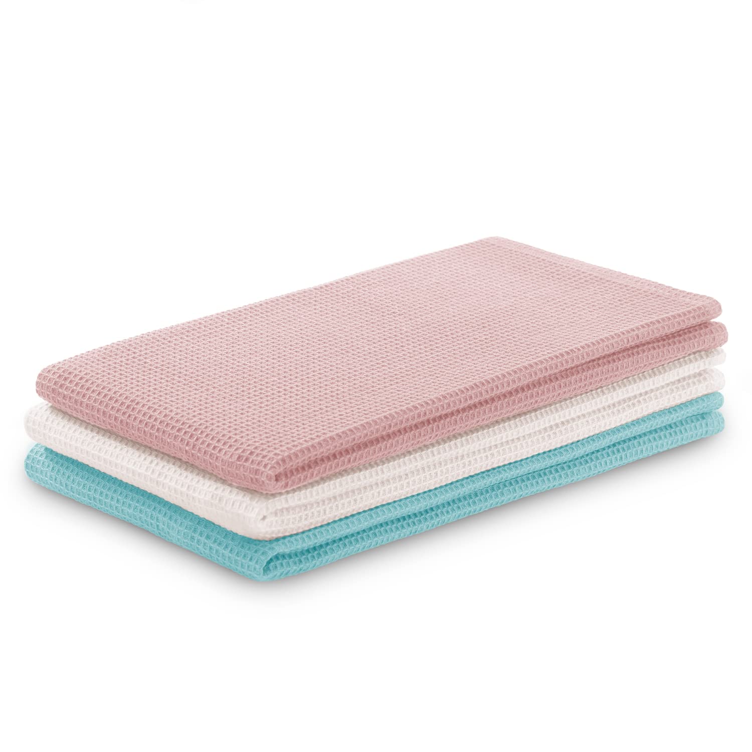 AmeliaHome Set of 3 tea towels, cotton, kitchen towels, 50 x 70 cm, waffle pique, waffle fabric, Letty pink, turquoise