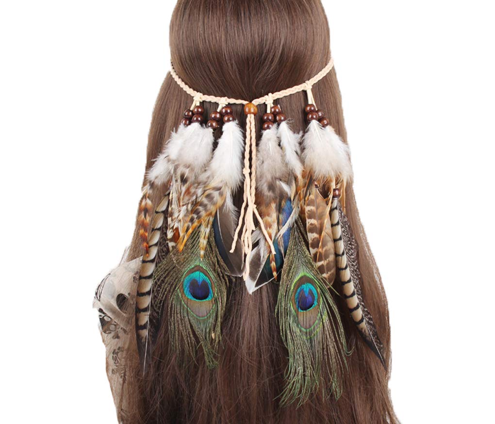 Faxianther Indian Feather Headband Princess Bohemian Tassel Hair Band Head Chain Halloween Costumes For Women Girls Parties Headpiece (#1)
