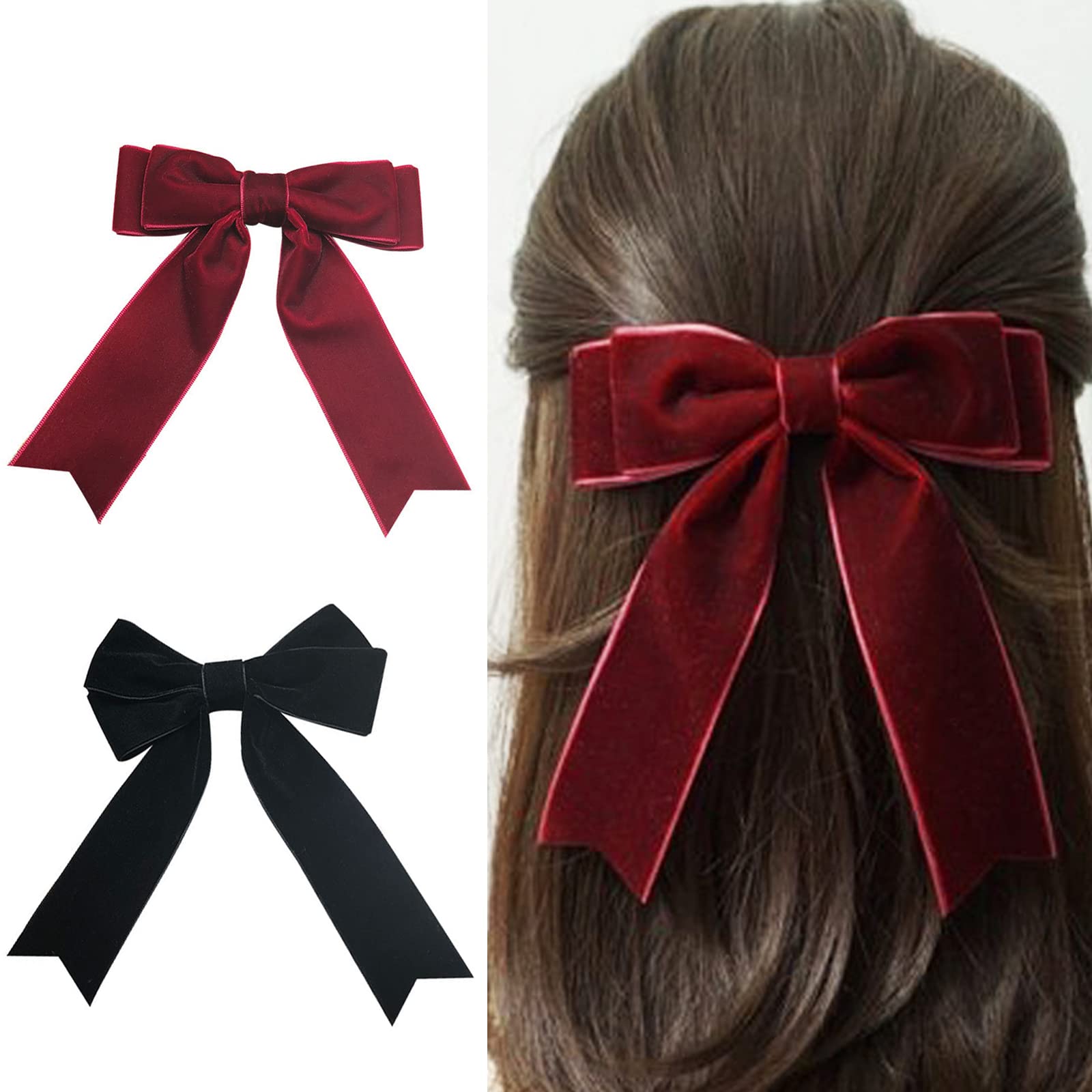LZZEM 2Pcs Velvet Bow Hair Clips for Girls and Women Large Satin Ribbon Hair Bows with Long Ribbon Hairpins and Barrettes for Party Gift and Special Occasions