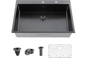Comllen 33 Inch Black Drop In Kitchen Sink,33"x22" Stainless Steel Topmount Sinks,18 Gauge T304 Single Bowl Kitchen Sink With Grid And Strainer