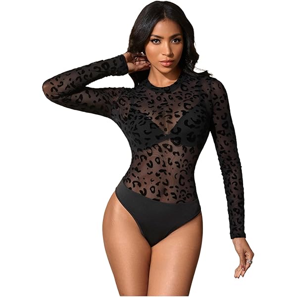 JomeDesign Women's Long Sleeve Sheer Mesh Black Bodysuit Tops