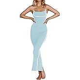 ZAFUL Women Blue Spaghetti Straps Square Neck Elegant Bodycon Maxi Dress Chic White Piping Open Back Cocktail Party Dress (Blue L)