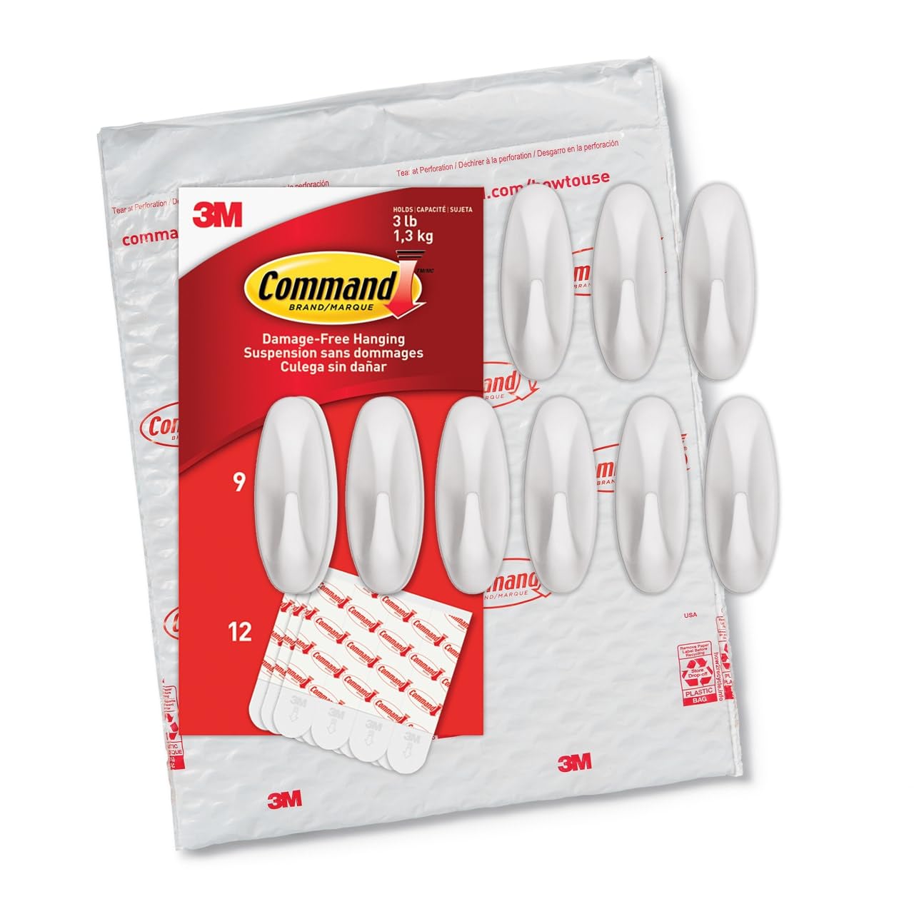 Photo 1 of Command Medium Designer Hooks, Damage Free Hanging Wall Hooks with Adhesive Strips, No Tools Wall Hooks for Hanging Decorations in Living Spaces, 9 White Hooks and 12 Command Strips