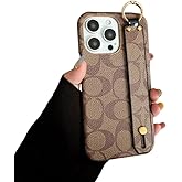 Compatible with iPhone 16 Pro Max Case with Wristband Strap,Luxury Designer Classic Monogram PU Leather Slim Shockproof Protective Cover Case for iPhone 16 Pro Max 6.9”(Brown)