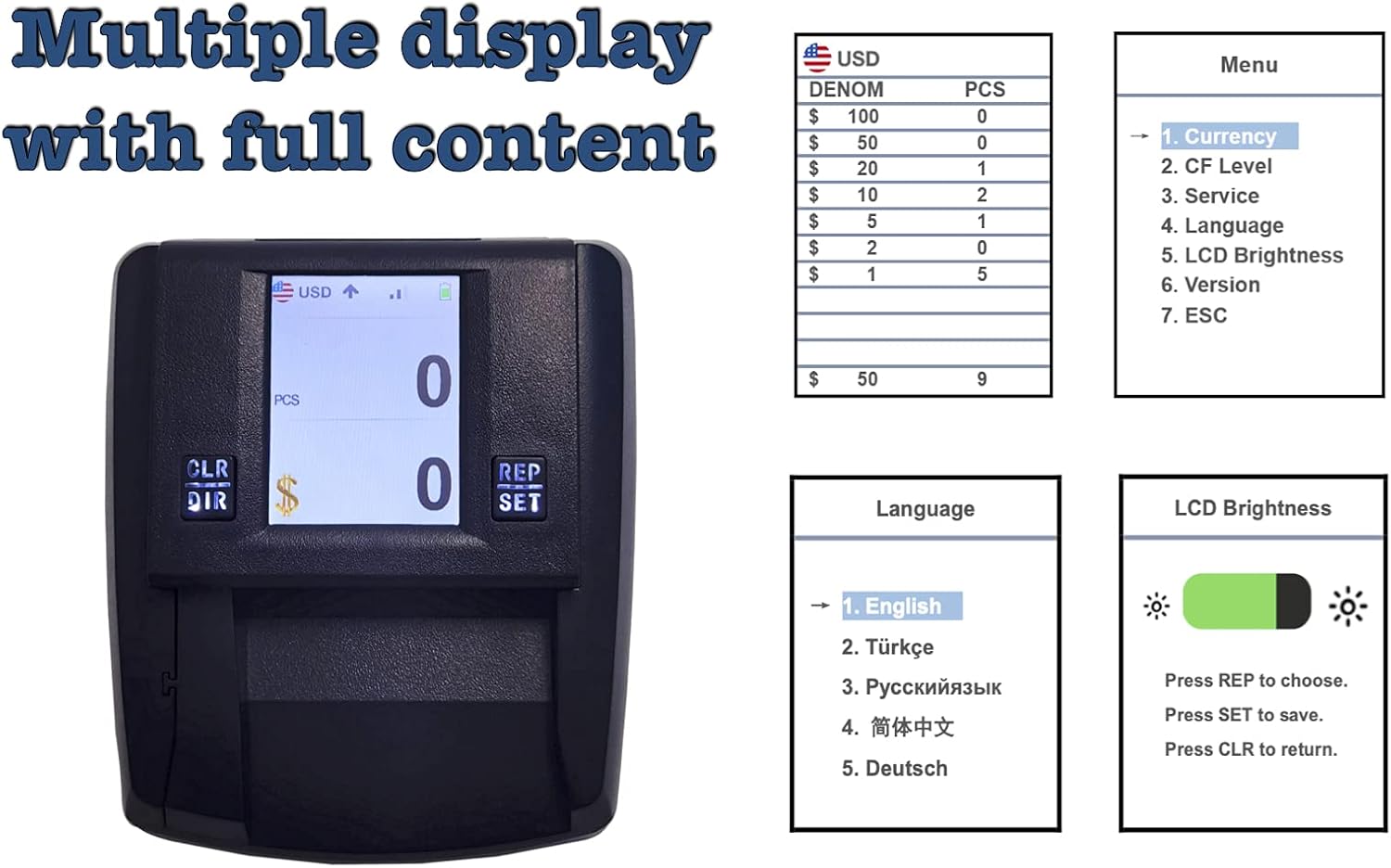 Demotio New Generation Professional Counterfeit Bill Money Detector Venus DB-90 with True-Color Large LCD Display and Full Coverage IR/MG/MT Detection Sensors : Office Products