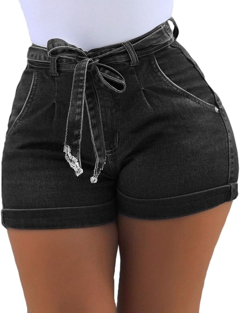 UUGYE Womens Summer Belted Cotton Washed Butt Lift Denim Shorts Jeans