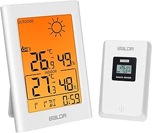 Amazon Com Balight Indoor Outdoor Thermometer Hygrometer Gauge With Backlight Remote Sensor Digital Wireless Weather Station Temperature Humidity Monitor Date Time Clock Alarm Min Max Record White Home Kitchen