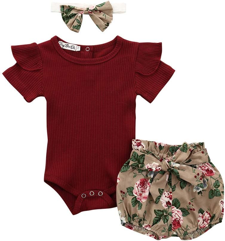 KpopBaby 3PCS Infant Toddler Baby Girl Top Shorts Set Clothes Ruffle Romper Bodysuit Floral Halen Pants Headband Outfits
