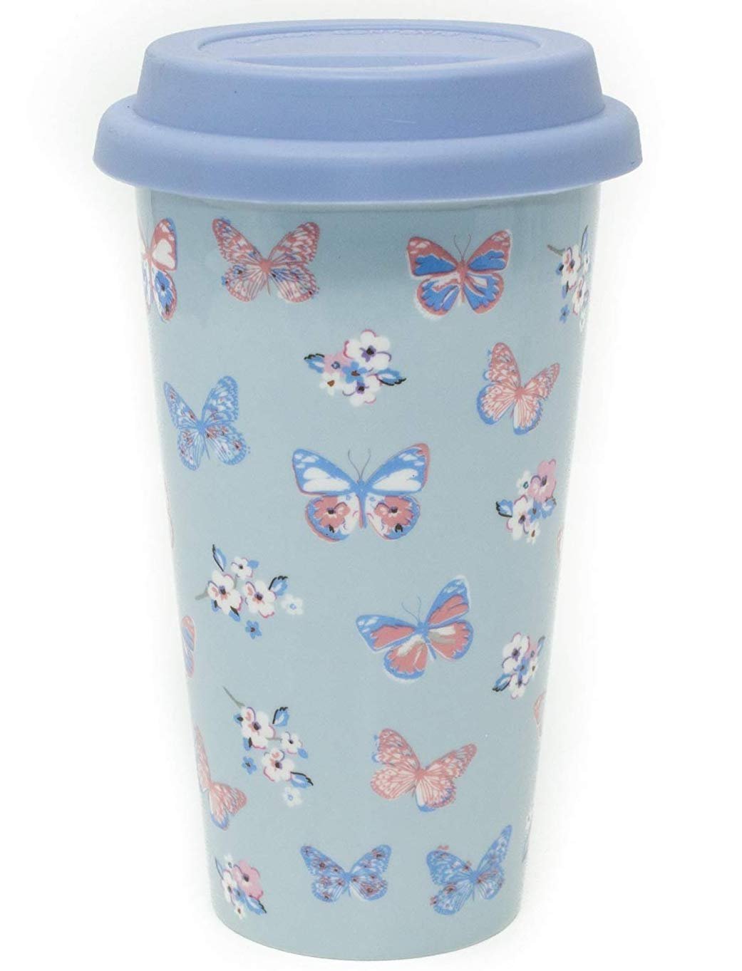 Insulated Double Walled Travel Mug Ceramic Vintage Butterfly (Duck Egg Blue)