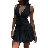 Seltaon Womens Summer Skirt Sets Women 2 Piece Outfits V Neck Blazer Vest and Mini Pleated Skirts Matching Suit