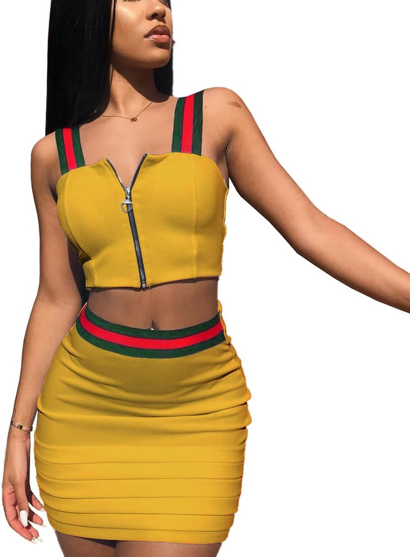 Women 2 Piece Outfits Sleeveless Crop Top Blouse Short Skirt Sexy Casual Set