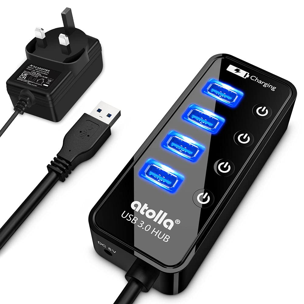 atolla USB Hub with 4 USB 3.0 SuperSpeed Data Ports and 1 USB Smart Charging Port, USB Splitter with Individual On/Off Switches and 5V/3A Power Adapter