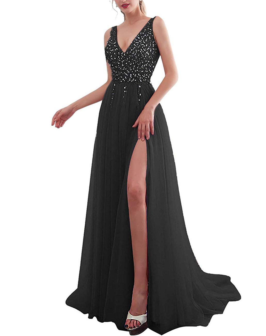 KapokBanyan Pink Prom Dresses High Slit V Neck Sequins Tulle Long