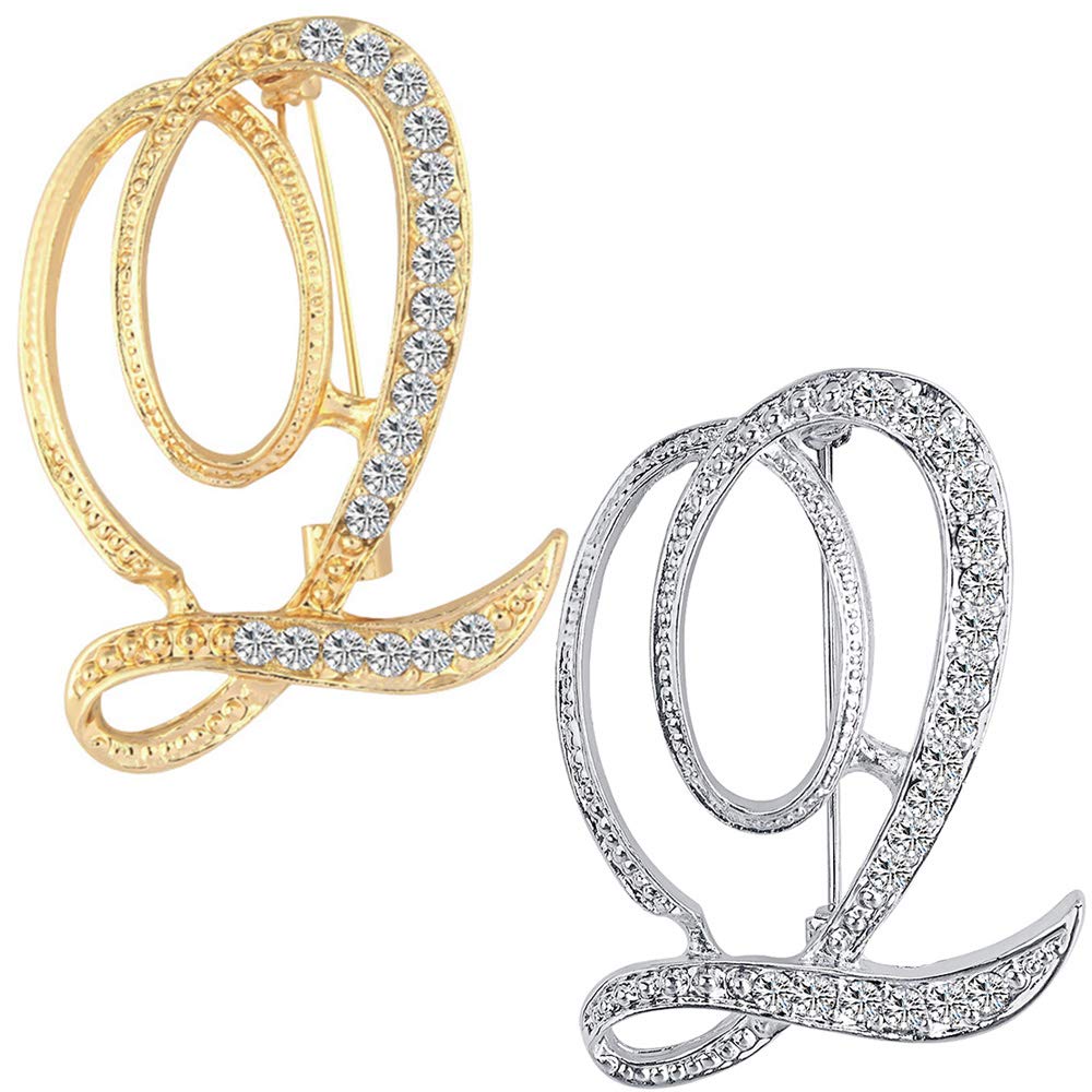 ETHOON 2 Pcs Letter Brooch Pins Initial Rhinestone Brooch for Women Corsage Crafts Gold Silver Q