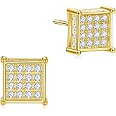 Rnivida 925 Sterling Silver Square Stud Earrings, Iced Out Cz Stud Earring for Men Women, Hypoallergenic