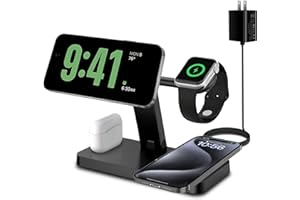 Magnetic Charging Station,PDKUAI for MagSafe 4 in 1 Fast Wireless Charger Stand for iPhone 15,14,13,12 Pro/Max/Mini/Plus, Apple Watch 9/8/7/6/SE/5/4/Ultra and Airpods Pro/3/2/1 with Adapter-Black