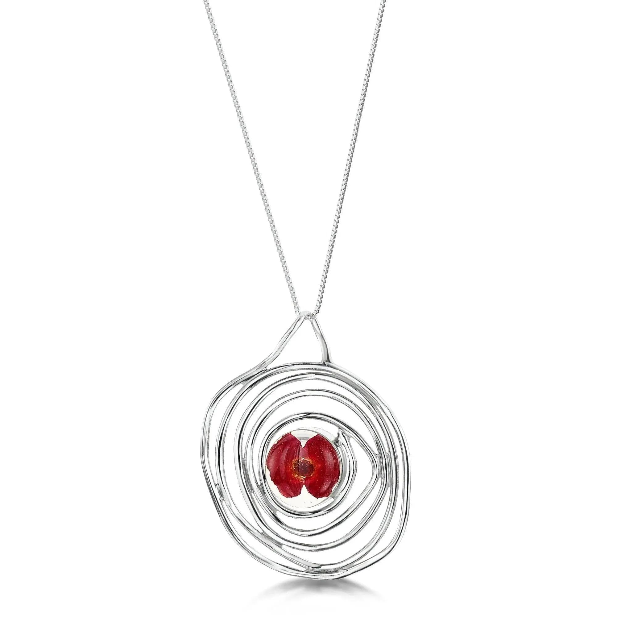 Shrieking Violet 925 Sterling Silver Spiral Real Flower Pendant Necklace - Poppy (Red)