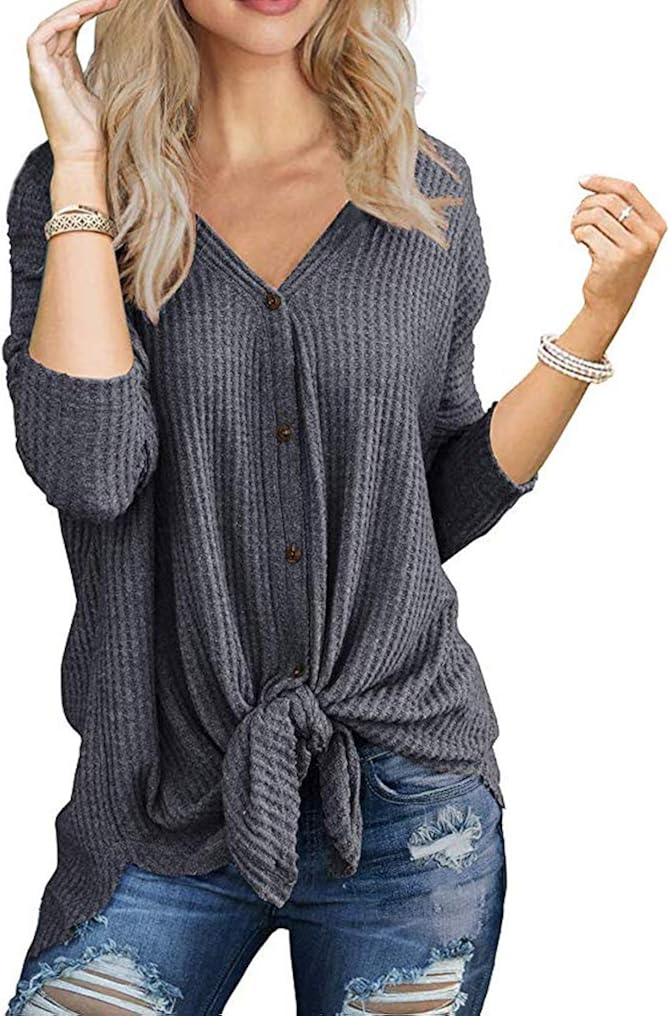 Waffle knit button down top Clearance