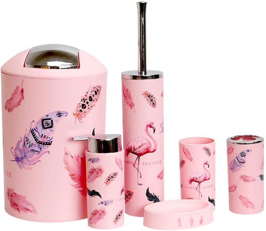 QLAT BATH Bathroom Set 6 Piece Accessory Flamingo Plastic Toilet Brush
