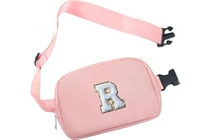 COSHAYSOO Pink Small Waist Fanny Pack Belt Bag with Initial Letter Patch Crossbody Adjustable Strap Phone Holder Inner Pockets Mini Cross Body Purse for Sister Bestie Daughter Christmas Gifts (R)