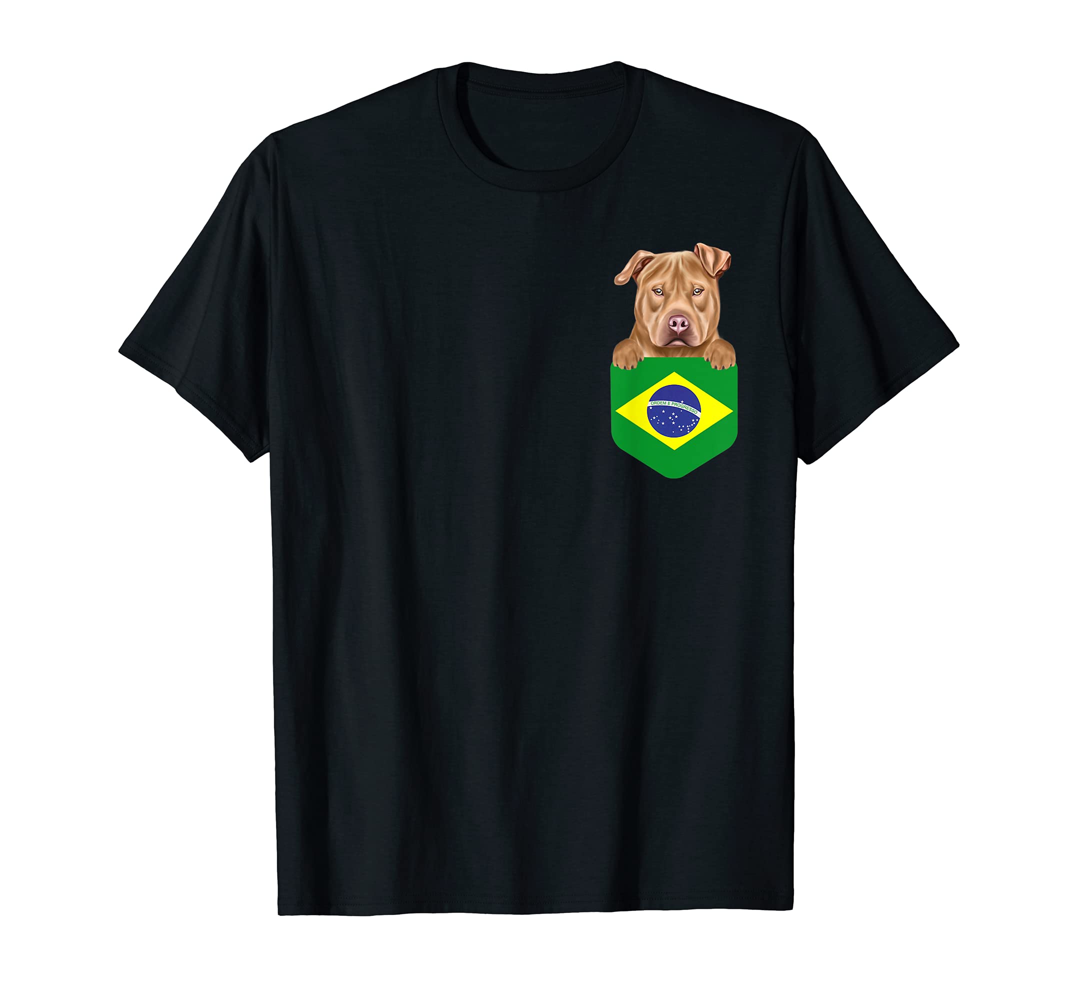 Brazil Flag Usa Staffordshire Terrier Dog In Pocket T-Shirt