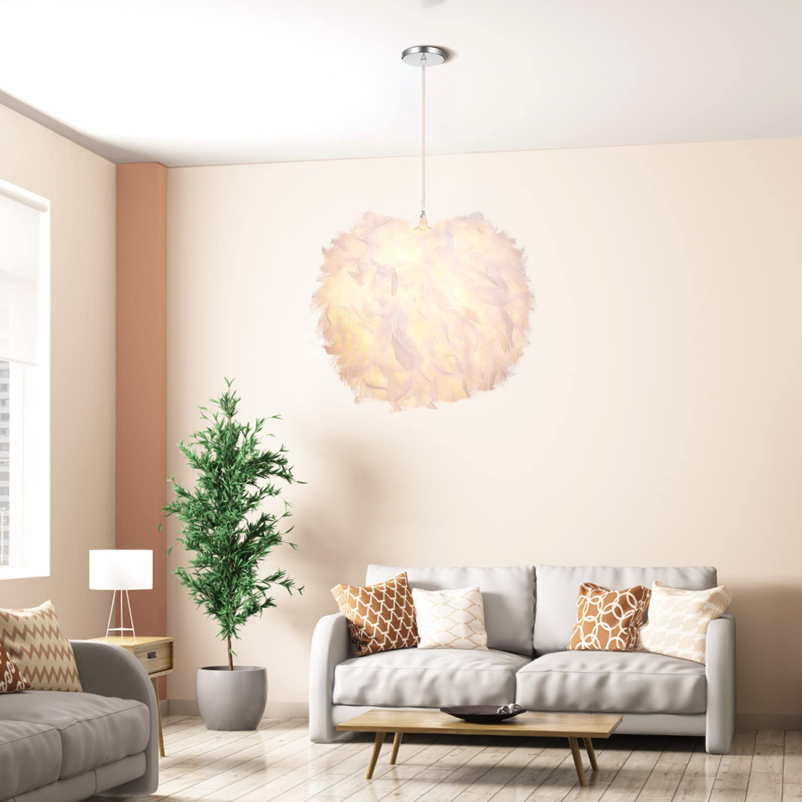 ALLOMN LED Pendant Lamp, Ceiling Light Feather Decoration Pendant Light Bedroom Chandelier Great Gift for Child Friend, Easy to Clean E27 Socket (Bulb not Included) (Diameter 20CM)