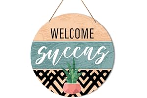 Muktoujaumai Welcome Sign Front Door Decor, Welcome Round Hanging Sign Decor Boho Decorations Succulent Wall Wood Sign for Door, Porch, Home, Plant Lover Gift, Welcome Succas
