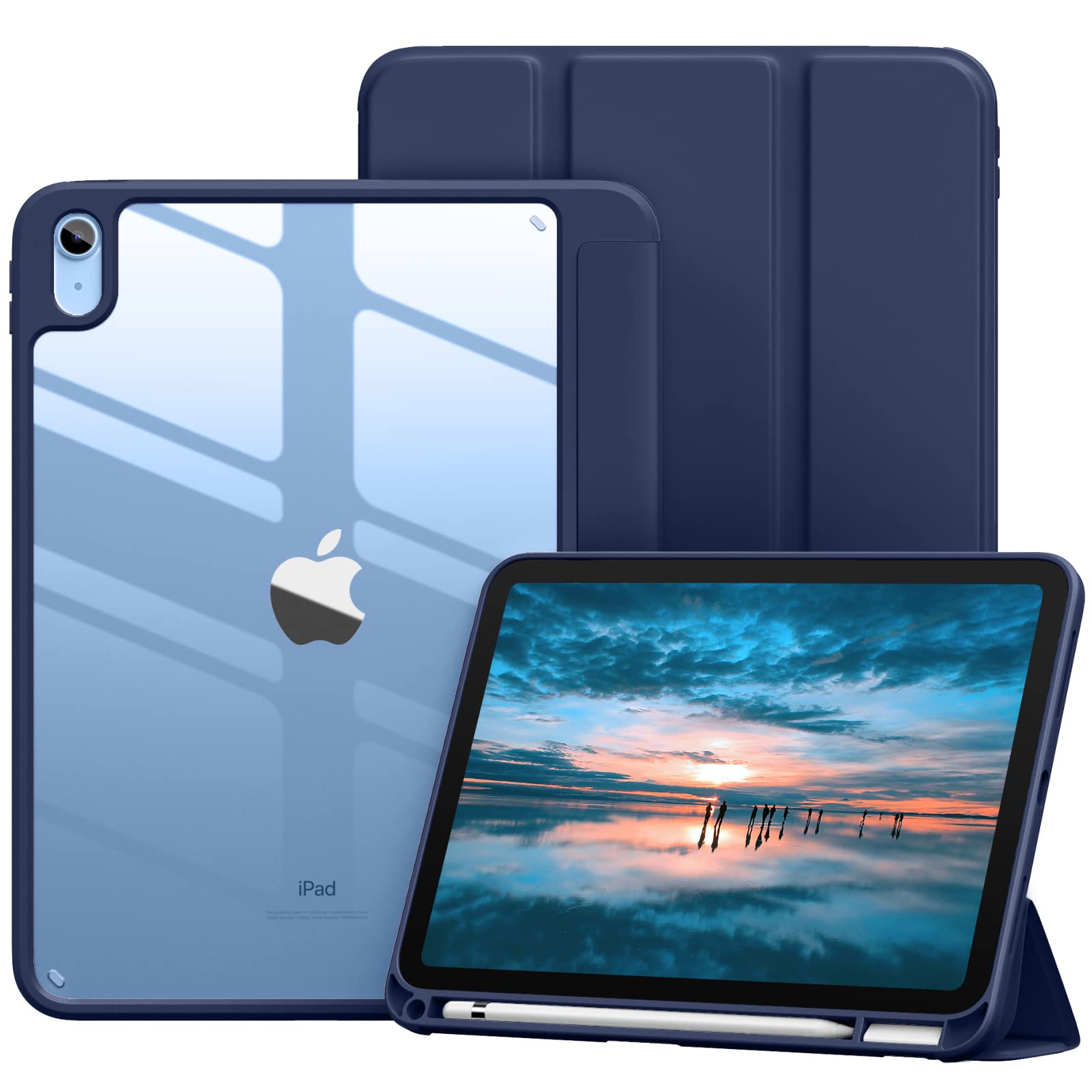 Vobafe Case for iPad (A16) 11th Generation 11 Inch 2025/iPad 10th Generation 10.9 Inch 2022 with Pencil Holder, PC Clear Back Cover, Slim Trifold Stand Case Supports Auto Wake/Sleep, Sea Blue — image 1