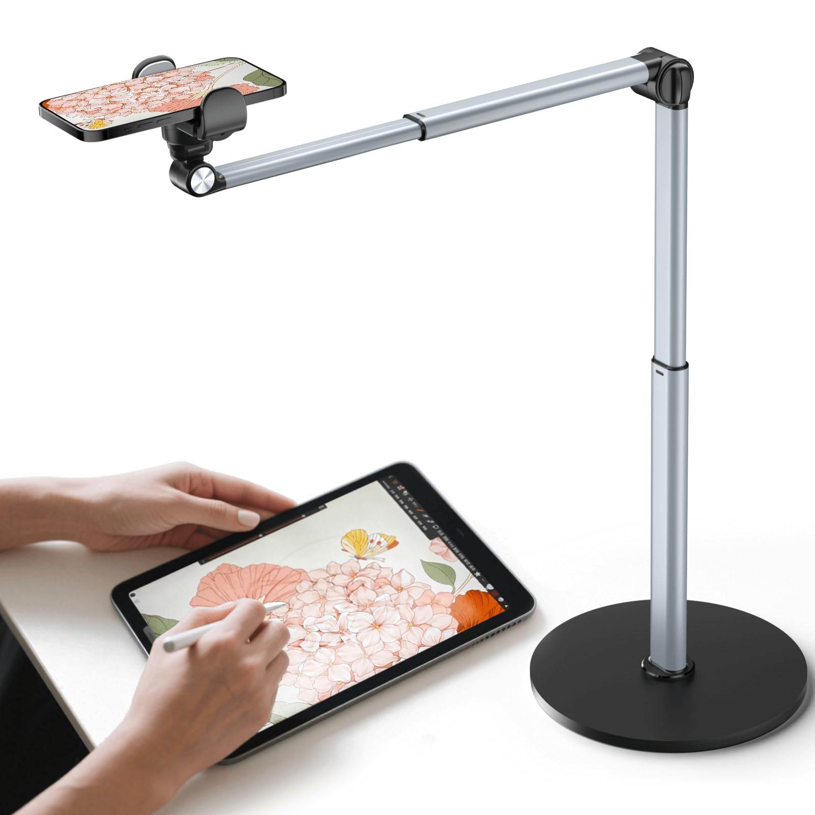 Heavy Duty Aluminum Overhead Phone Stand for Recording, Adjustable iPhone Tripod for Overhead Shots, Sturdy Stand for Cooking, Filming, Painting, with Extension Rods & Clip – Perfect for Creators(Mix)
