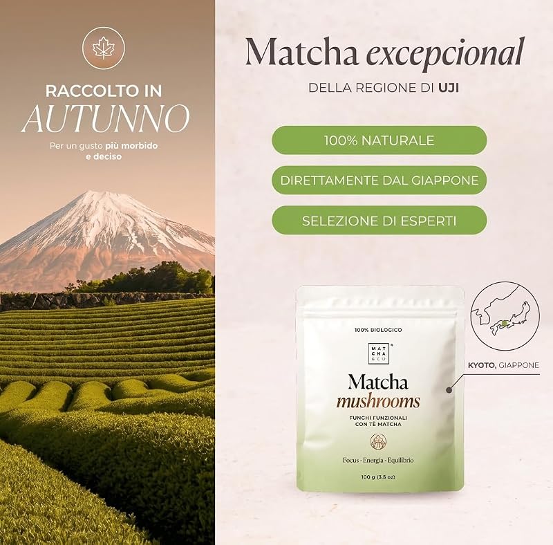 - Matcha Mushrooms Bio (100g) – Tè Matcha Cerimoniale del Giappone con 6 Funghi Funzionali (Criniera di Leone, Reishi, Chaga, Cordyceps, Shiitake, Maitake) – Focus · Energy · Balance