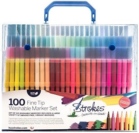 Strokes Art 100 Fine Tip Kids Coloring Markers - Washable - Smudge Free - Vibrant colors - Carry Case