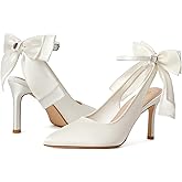 RIBONGZ Heels for Womens Bow Heels with Strappy Wedding Satin Shoes for Bride Closed Pointed Toe Stiletto Slingback Pumps Sexy Ankle Strap Prom Dressy Party Bridesmaid Shoes