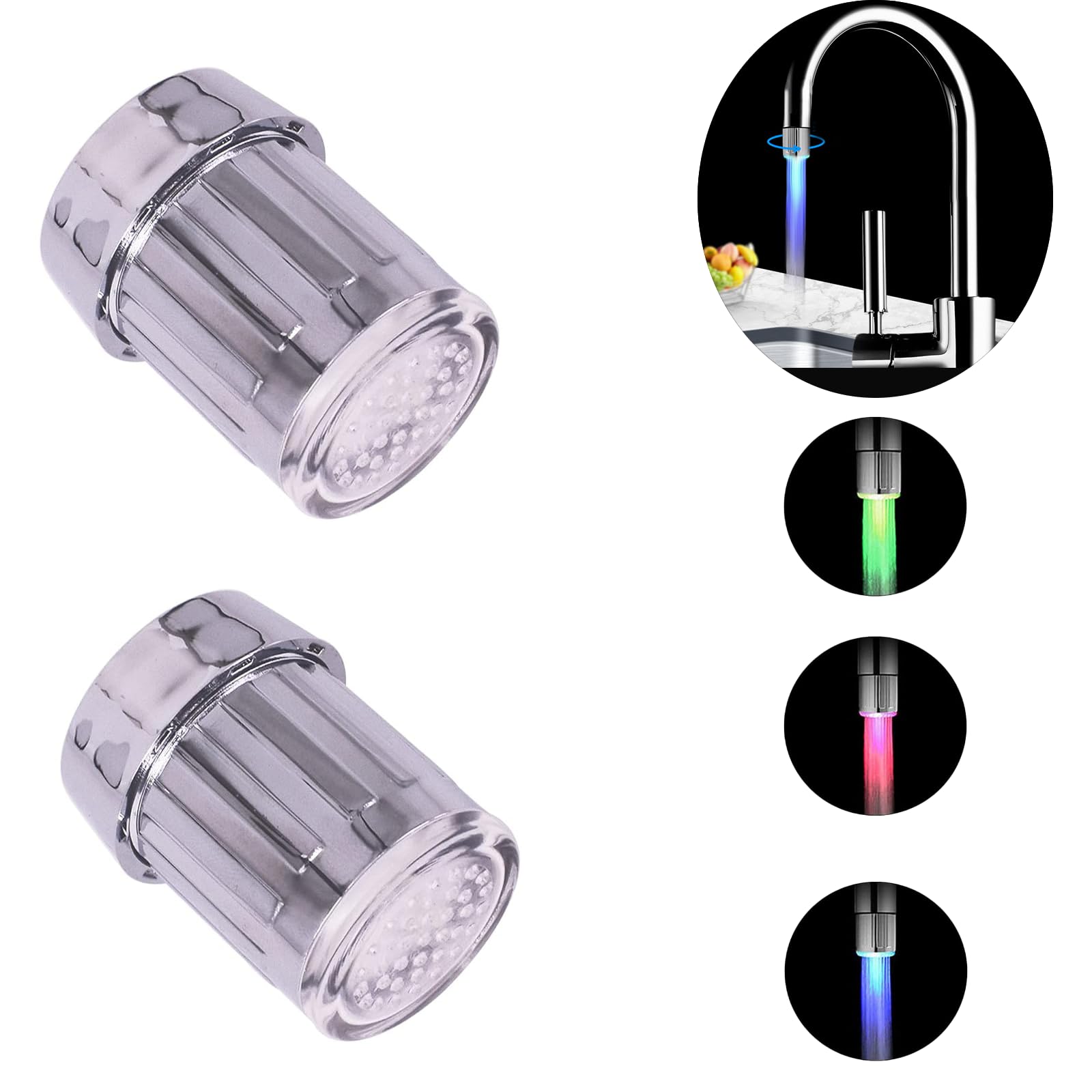 2 Pcs 3-Color Temperature Sensitive Gradient LED Water Faucet Light - Color Changing Faucet Tap for Kitchen and Bathroom