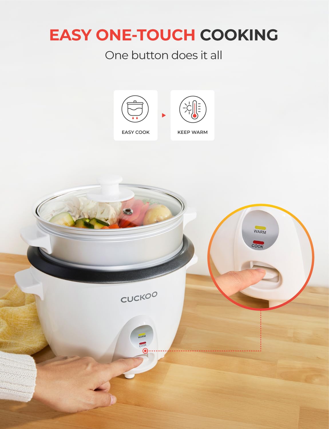 CUCKOO One Touch Rice Cooker 12-Cup Cooked, Small Rice Cooker & Warmer with Steamer Tray, Versatile Grain Cooker, Soup Maker, Auto Keep Warm, 6-Cup Uncooked, White (CR-0601C)