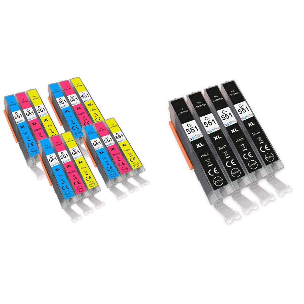 Go Inks 4 C/M/Y Set of 3 Ink Cartridges to replace Canon CLI-551 Compatible/non-OEM for PIXMA Printers (12 Pack) & Black Ink Cartridges to repalce Canon CLI-551Bk Compatible/non-OEM for PIXMA Printer
