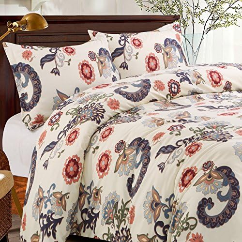 KINA LINEN 3 Piece Floral Duvet Cover Set, Luxury Soft Brushed Microfiber Fabric, Full Queen Size, Cream Color