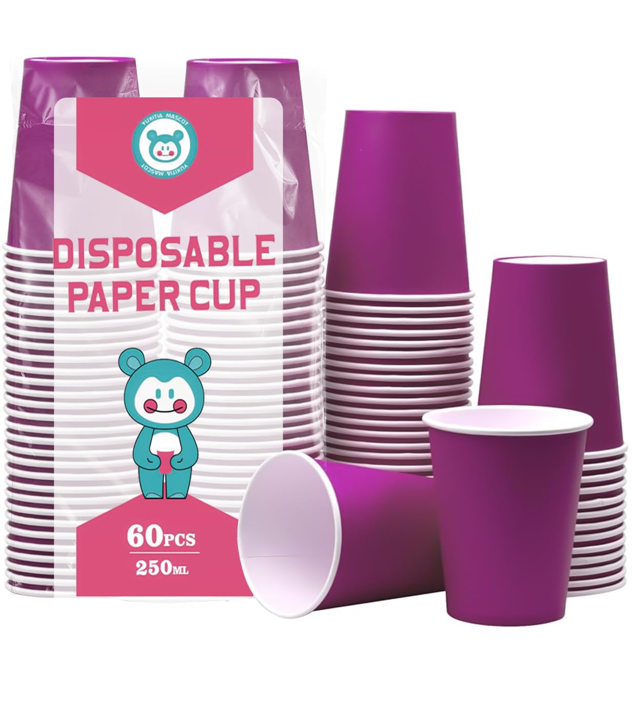 Yuxitia Disposable Paper Cups,60pcs Color Paper Cups for DIY Wedding Party Picnic BBQ Travel and Event 8OZ (Deep Purple)