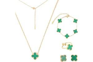 Nicime 4Pcs 18K Four Leaf Clover Necklace+Bracelet+Ring+Stud Earrings,Gold Plated Four-leaf Clover,Stylish and Elegant Jewelry Accessories for Women Girls