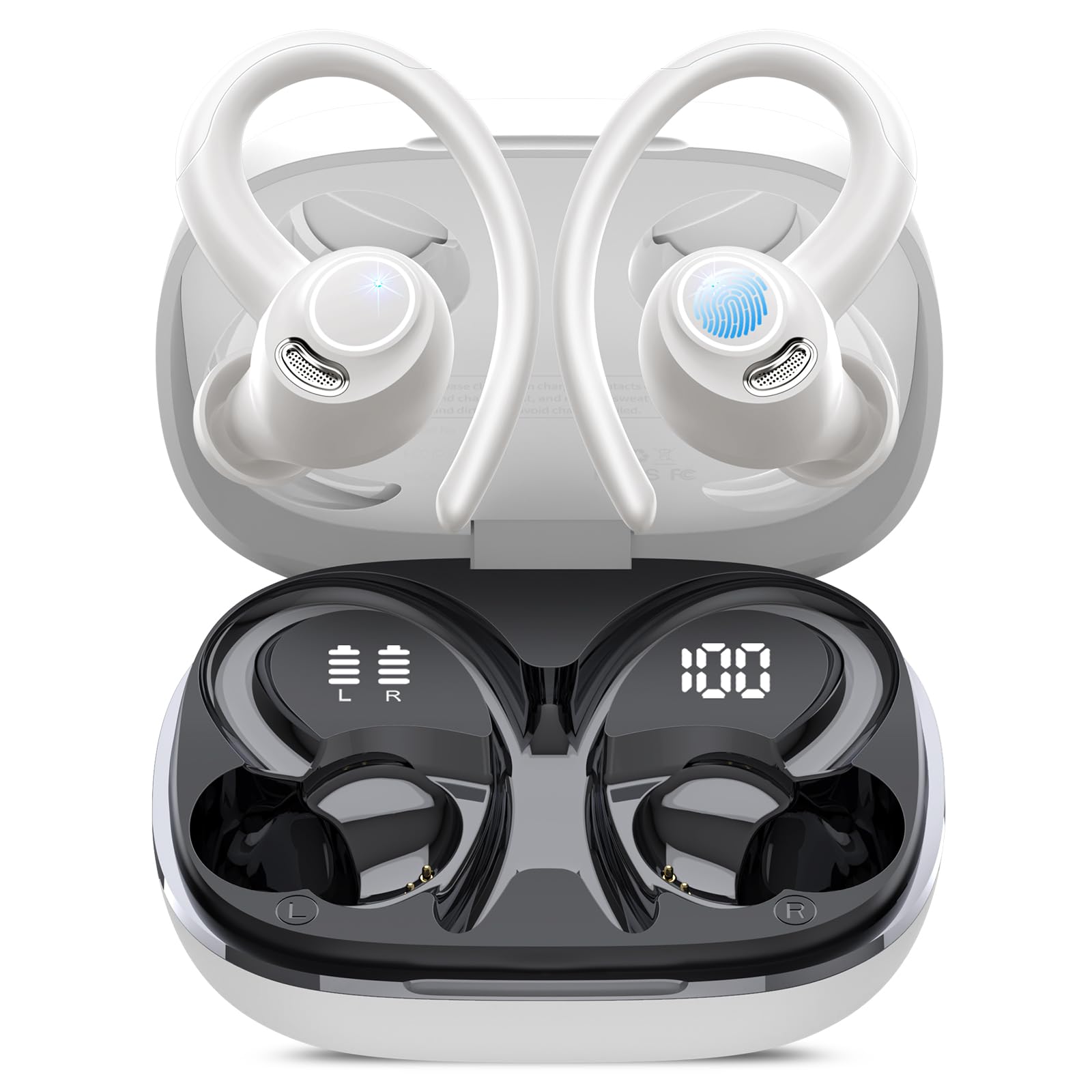 Wireless Earbuds, Bluetooth 5.4 Headphones Sport, Over Ear Buds With ENC Noise Cancelling Mic, 48H, Wireless Earphone With Earhooks, Stereo Deep Bass, IP7 Waterproof ear bud for Workout Running, White Image