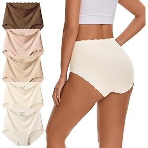 INNERSY Seamless Underwear for Women High Waist No Show Briefs 5-Pack | Invisible Lightweight Panties, No Panty Line, Scallop
