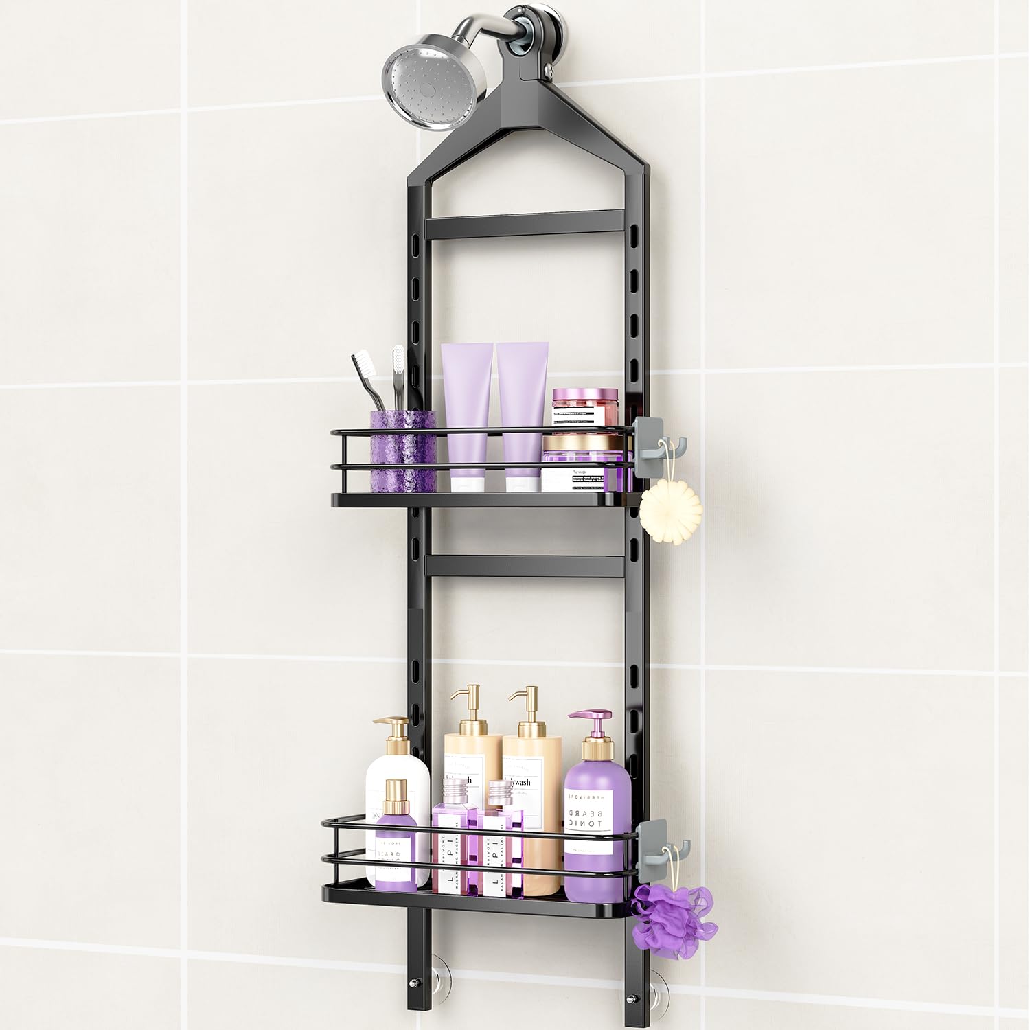 Photo 1 of ODesign 2 Tier Height-Adjustable Shower Caddy Hanging Anti-Swing-Over The Shower Head Caddy Storage Organizer Bathroom Shelves Basket-Black