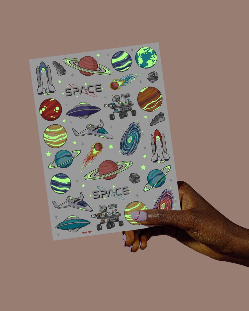 xo, Fetti Space + Planets Glow in Dark Temporary Tattoos for Kids - 50 pcs | Alien Birthday Party Supplies, Astronaut Favors + Rocket ship Decorations