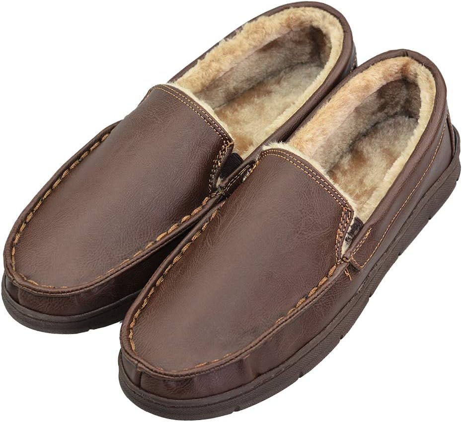VLLY Men's Casual Pile Lined Synthetic Leather Indoor Outdoor Slip On Moccasin Slippers Comfortable Plush Insole