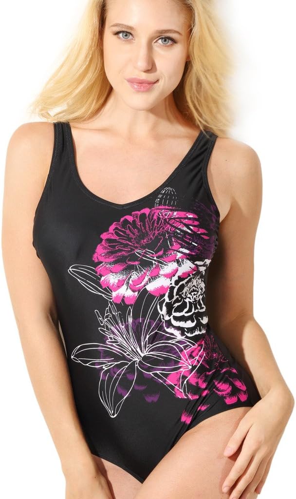 CharmLeaks Women's Retro Floral Black One Piece Swimsuit